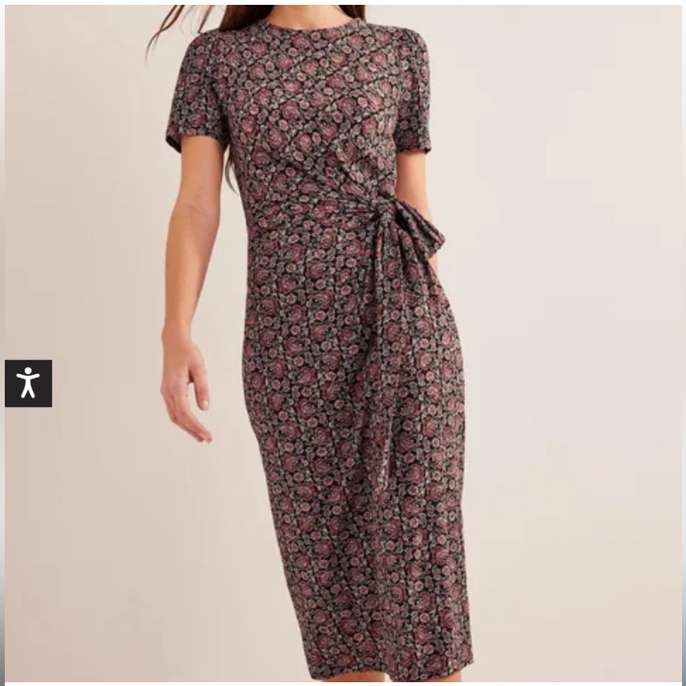 Boden Floral Midi Dress Black and Pink Short Sleeves